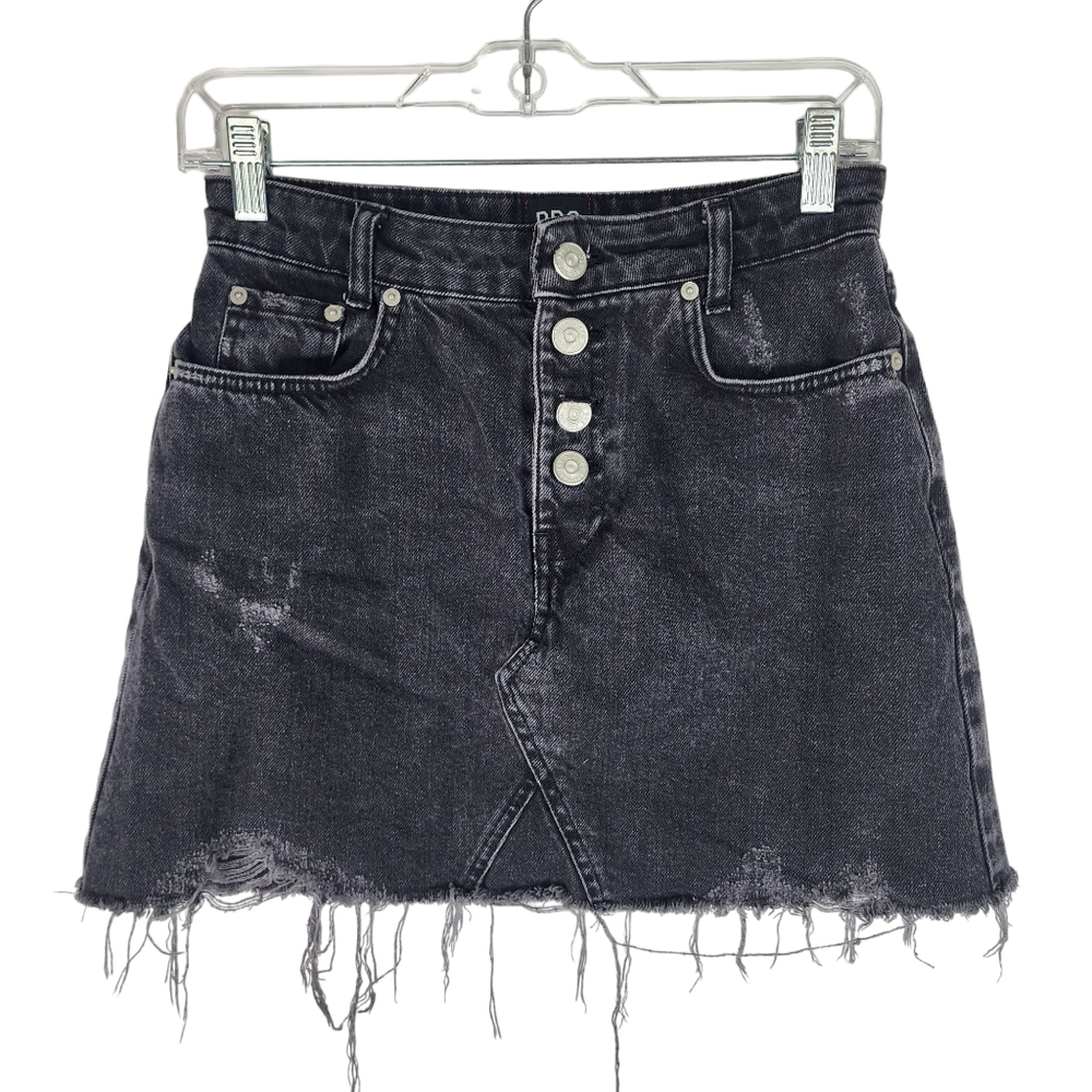 BDG Womens Small Distressed Denim Button Fly Skirt Raw Freyed Hem Black Pull On - Picture 1 of 5